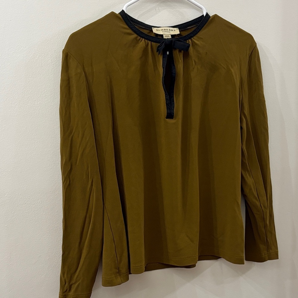 Burberry london Olive Long Sleeve Blouse with Black Trim - women’s large
